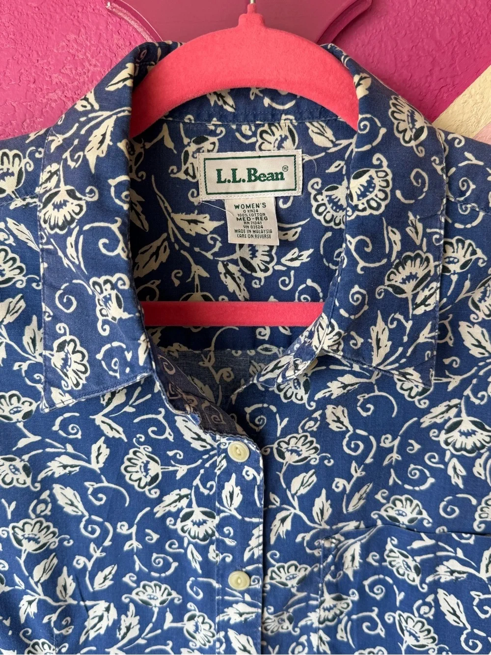 Vintage L.L. Bean Floral Button Down Shirt Sz M Navy Blue Cottage Print